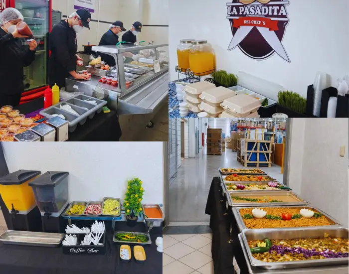 Servicios de comedor industrial de La Pasadita del Chef’s: cocina central, barra caliente instalada en planta y personal sirviendo alimentos al equipo de la empresa